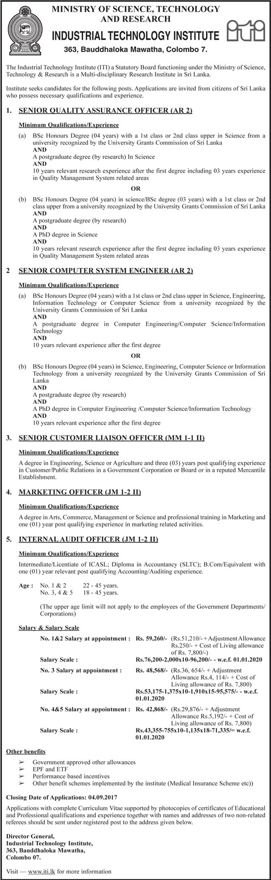 Senior Quality Assurance Officer, Senior Computer System Engineer, Senior Customer Liaison Officer, Marketing Officer, Internal Audit Officer - Industrial Technology Institute